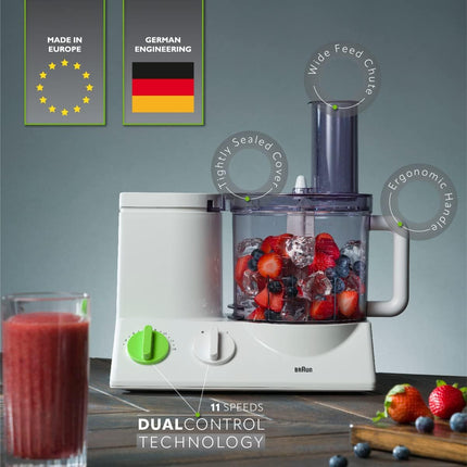 Braun 12 Cup Food Processor, Ultra Quiet and Powerful Motor, Includes 9 Attachments, Blades, Chopper, Citrus Juicer | Made in Europe With German Engineering